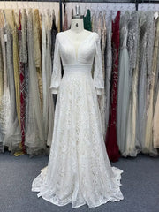 Long Sleeves Lace V-Neck A-Line Wedding Dress with Sweep Train