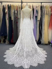 Long Sleeves Lace Mermaid Wedding Dress with V-Neck and Chapel Train