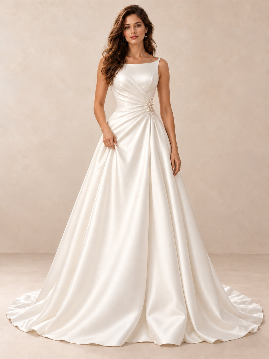 Modern Bateau-Neck A-Line Satin Wedding Dress With Sweep Train