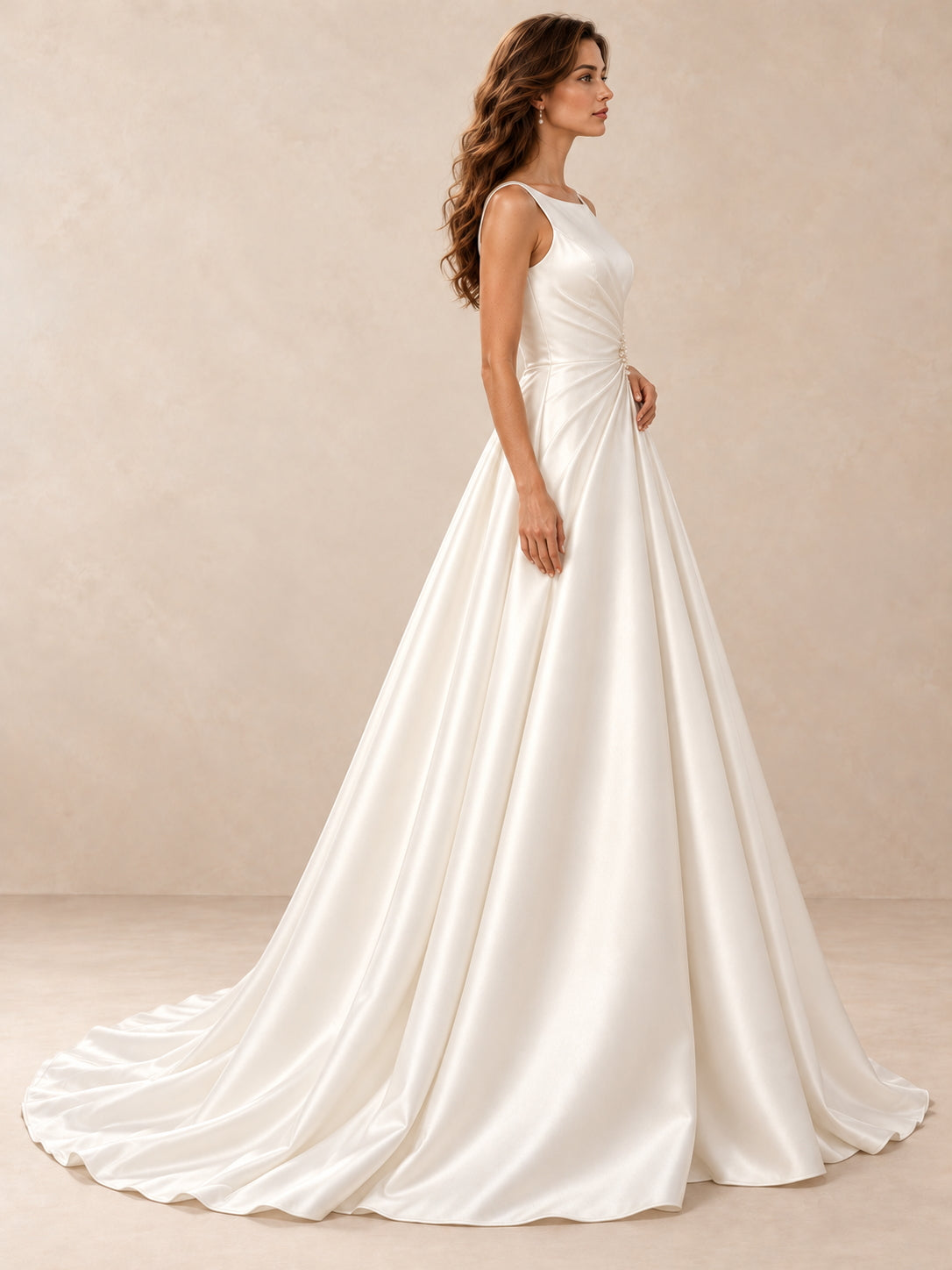 Modern Bateau-Neck A-Line Satin Wedding Dress With Sweep Train