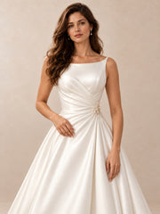 Modern Bateau-Neck A-Line Satin Wedding Dress With Sweep Train