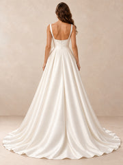 Modern Bateau-Neck A-Line Satin Wedding Dress With Sweep Train