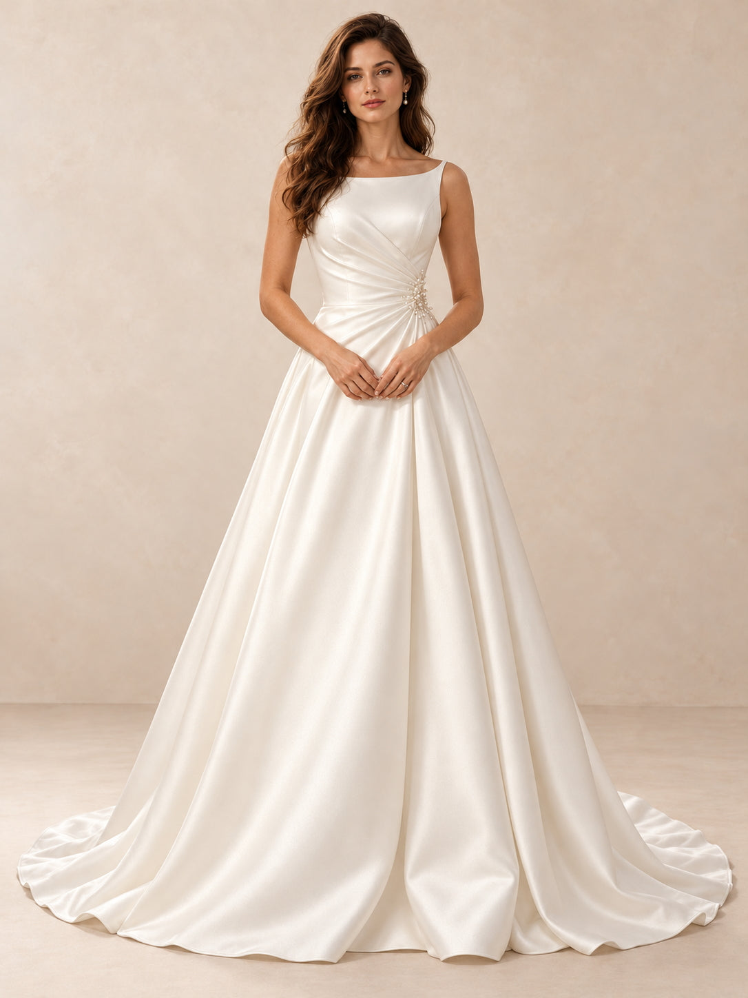Modern Bateau-Neck A-Line Satin Wedding Dress With Sweep Train