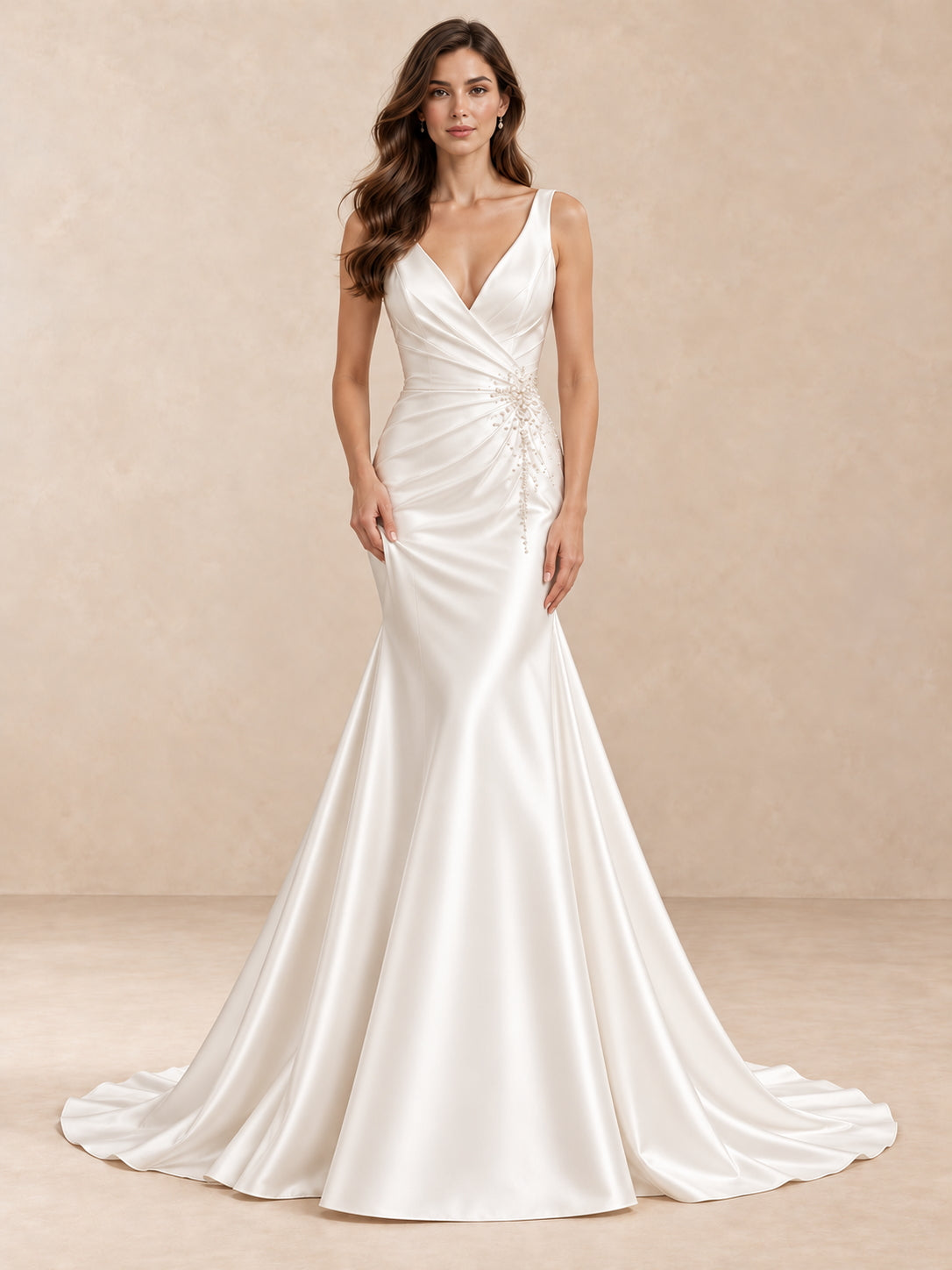 Modern Deep V-Neck Satin Mermaid Wedding Dress with Beaded Waist
