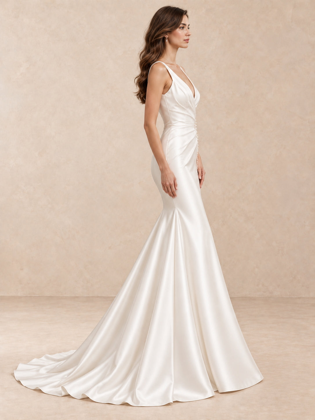 Modern Deep V-Neck Satin Mermaid Wedding Dress with Beaded Waist