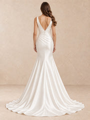 Modern Deep V-Neck Satin Mermaid Wedding Dress with Beaded Waist