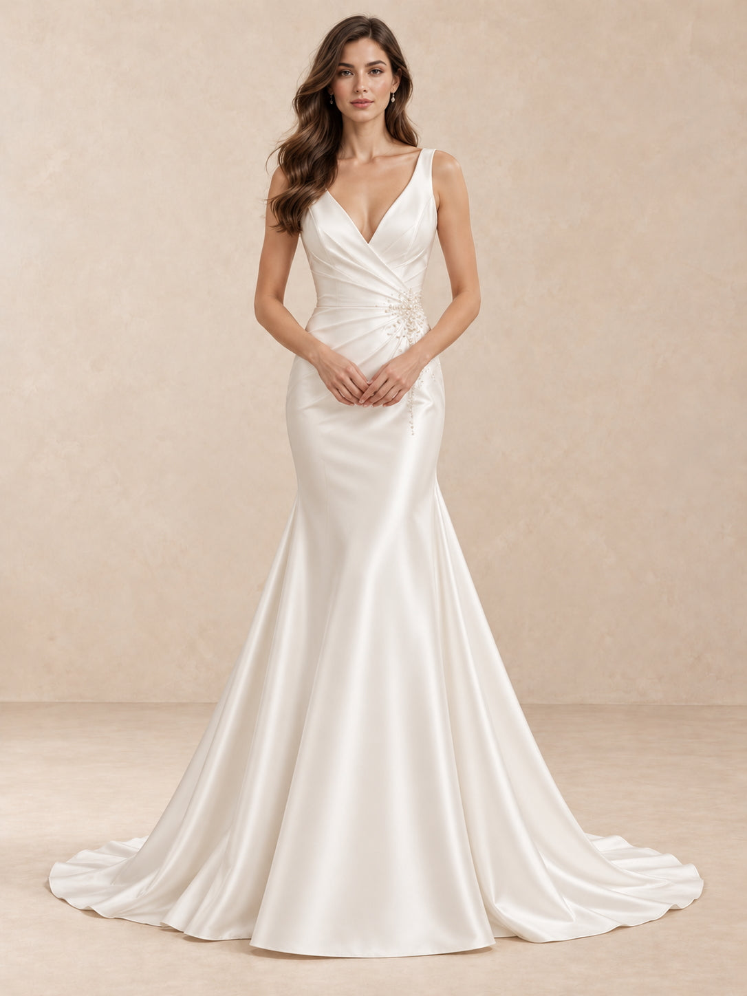 Modern Deep V-Neck Satin Mermaid Wedding Dress with Beaded Waist