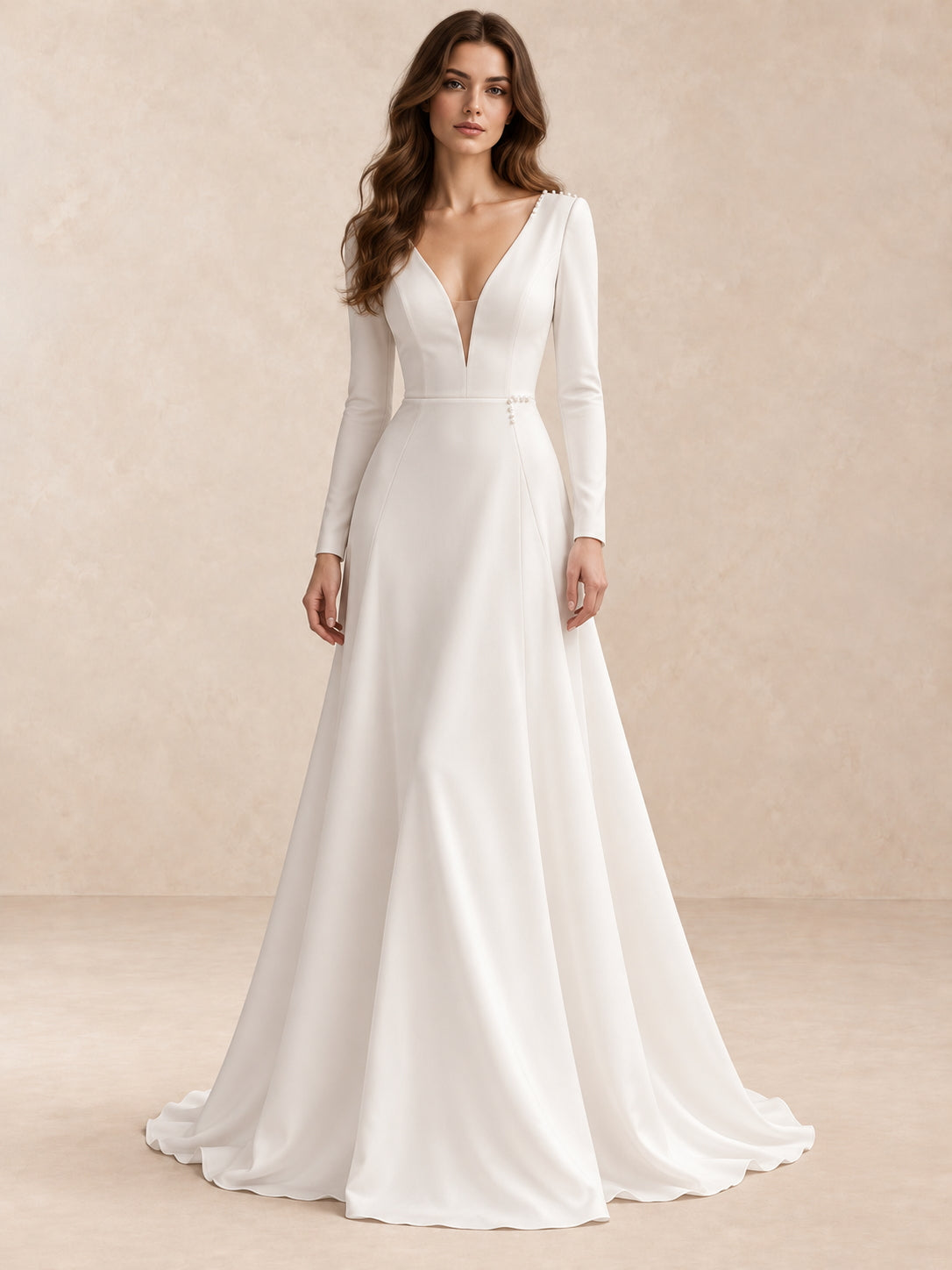 Modern Minimalist Long-Sleeve Crepe Wedding Dress with Deep V-Neck