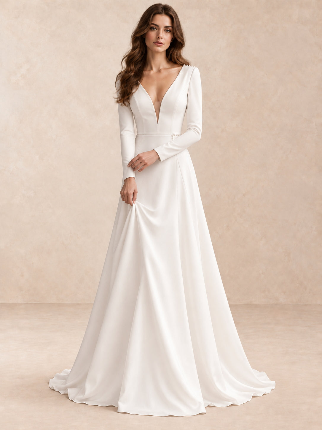 Modern Minimalist Long-Sleeve Crepe Wedding Dress with Deep V-Neck