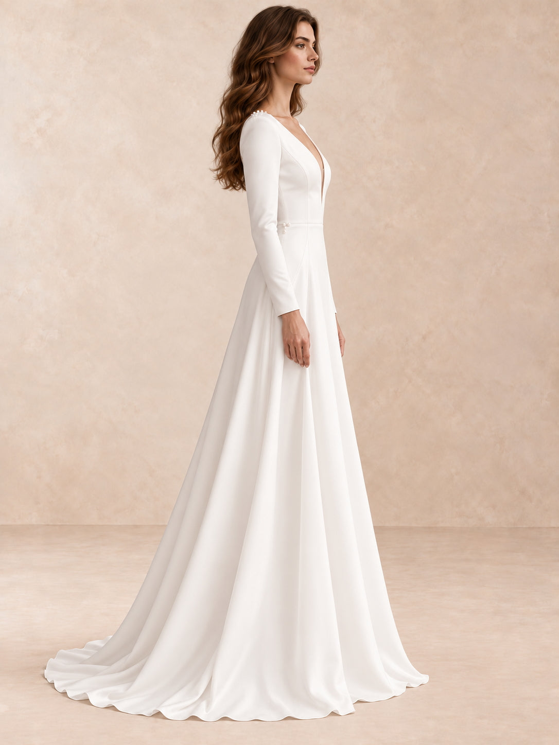 Modern Minimalist Long-Sleeve Crepe Wedding Dress with Deep V-Neck