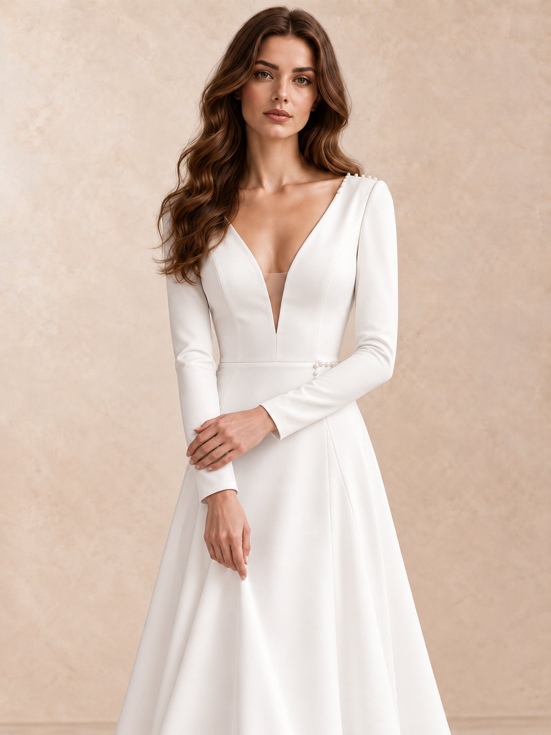 Modern Minimalist Long-Sleeve Crepe Wedding Dress with Deep V-Neck