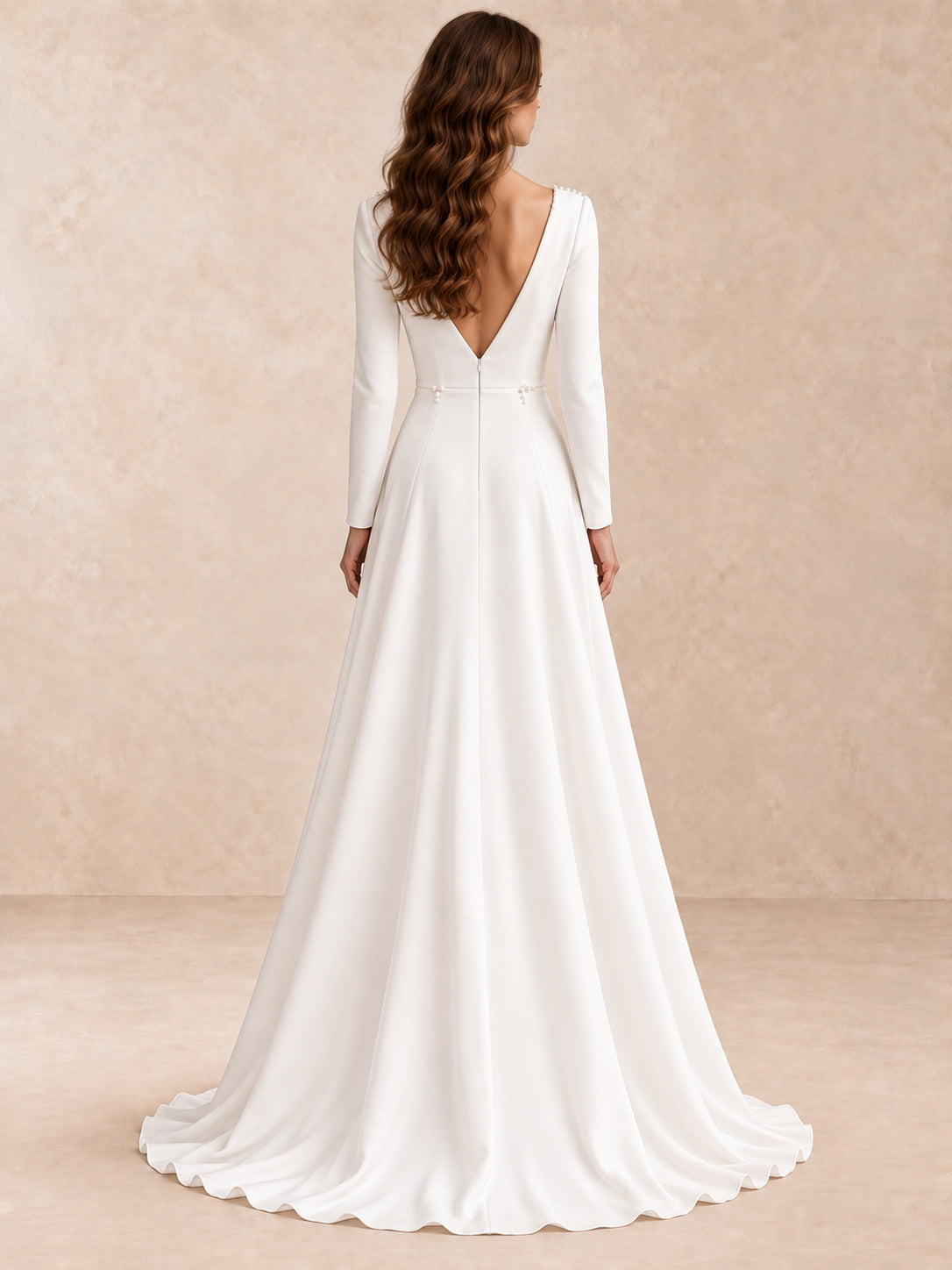 Modern Minimalist Long-Sleeve Crepe Wedding Dress with Deep V-Neck