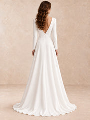 Modern Minimalist Long-Sleeve Crepe Wedding Dress with Deep V-Neck