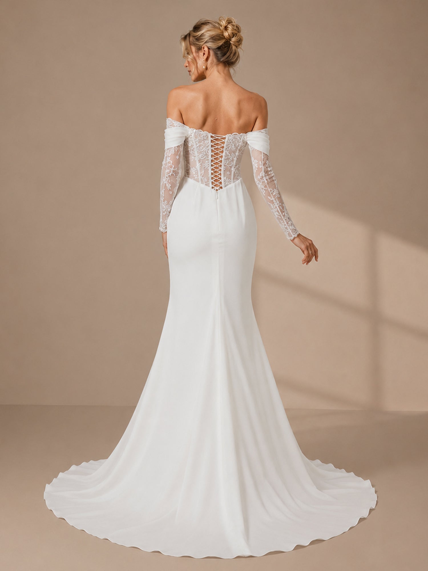 Modern Off-the-Shoulder Satin Wedding Dress with Lace Corset & Slit