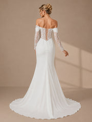 Modern Off-the-Shoulder Satin Wedding Dress with Lace Corset & Slit