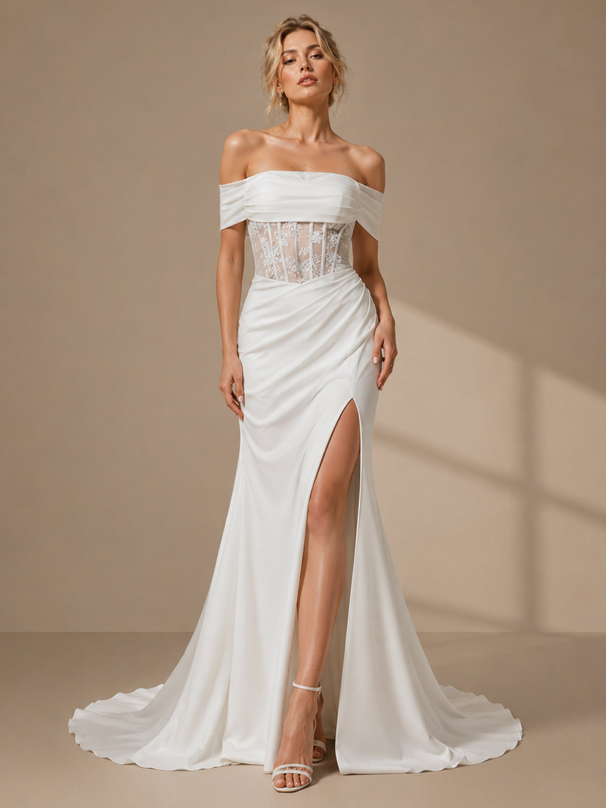 Modern Off-the-Shoulder Satin Wedding Dress with Lace Corset & Slit