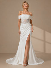 Modern Off-the-Shoulder Satin Wedding Dress with Lace Corset & Slit