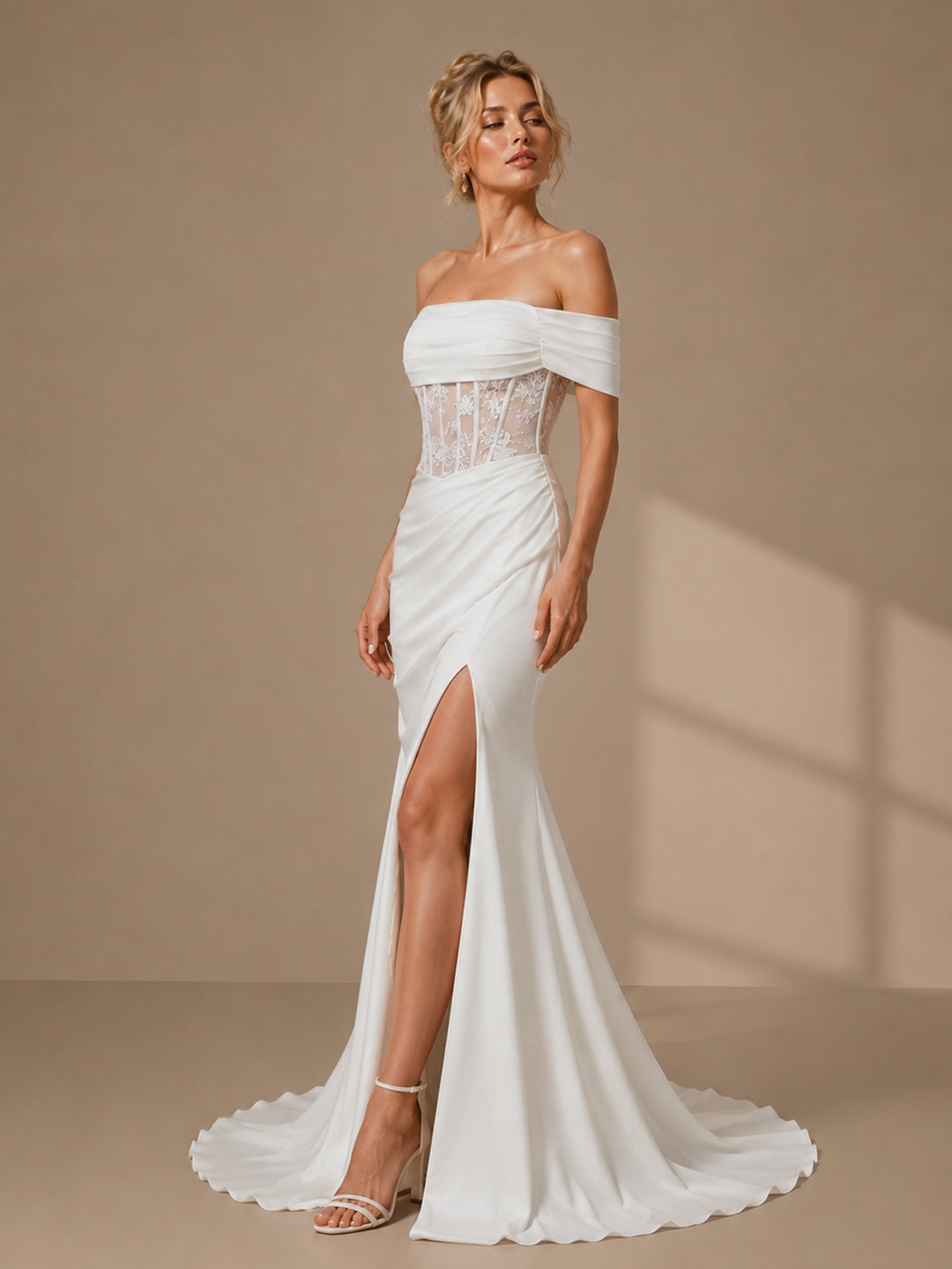 Modern Off-the-Shoulder Satin Wedding Dress with Lace Corset & Slit