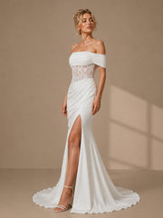 Modern Off-the-Shoulder Satin Wedding Dress with Lace Corset & Slit