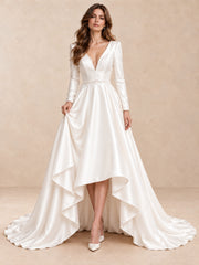 Modern Satin Long Sleeves High-Low A-Line Wedding Dress