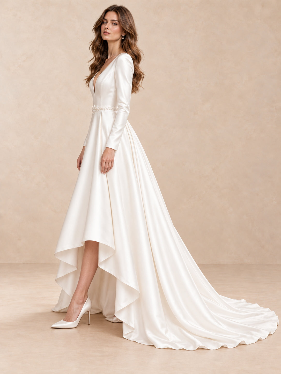 Modern Satin Long Sleeves High-Low A-Line Wedding Dress
