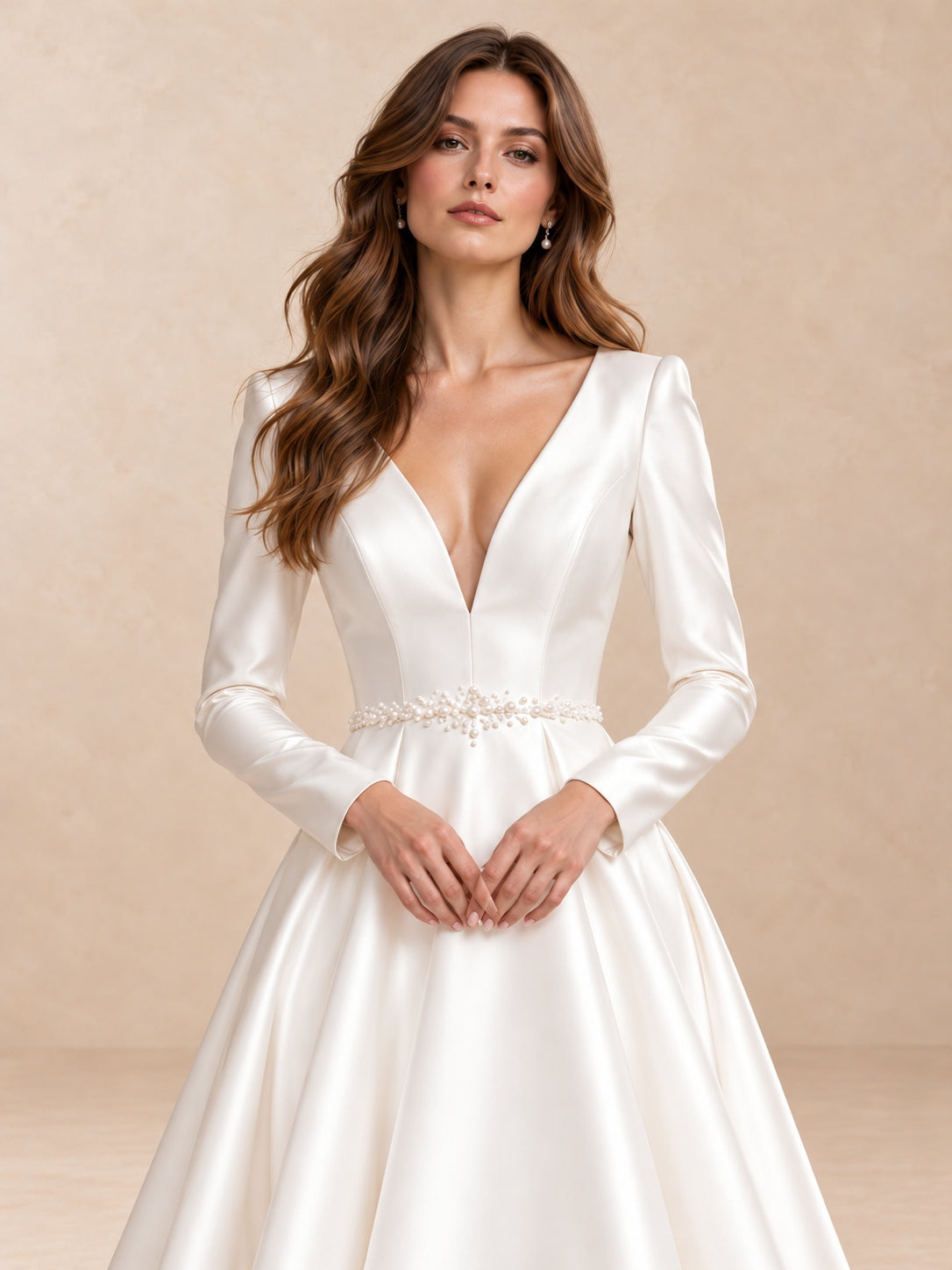 Modern Satin Long Sleeves High-Low A-Line Wedding Dress