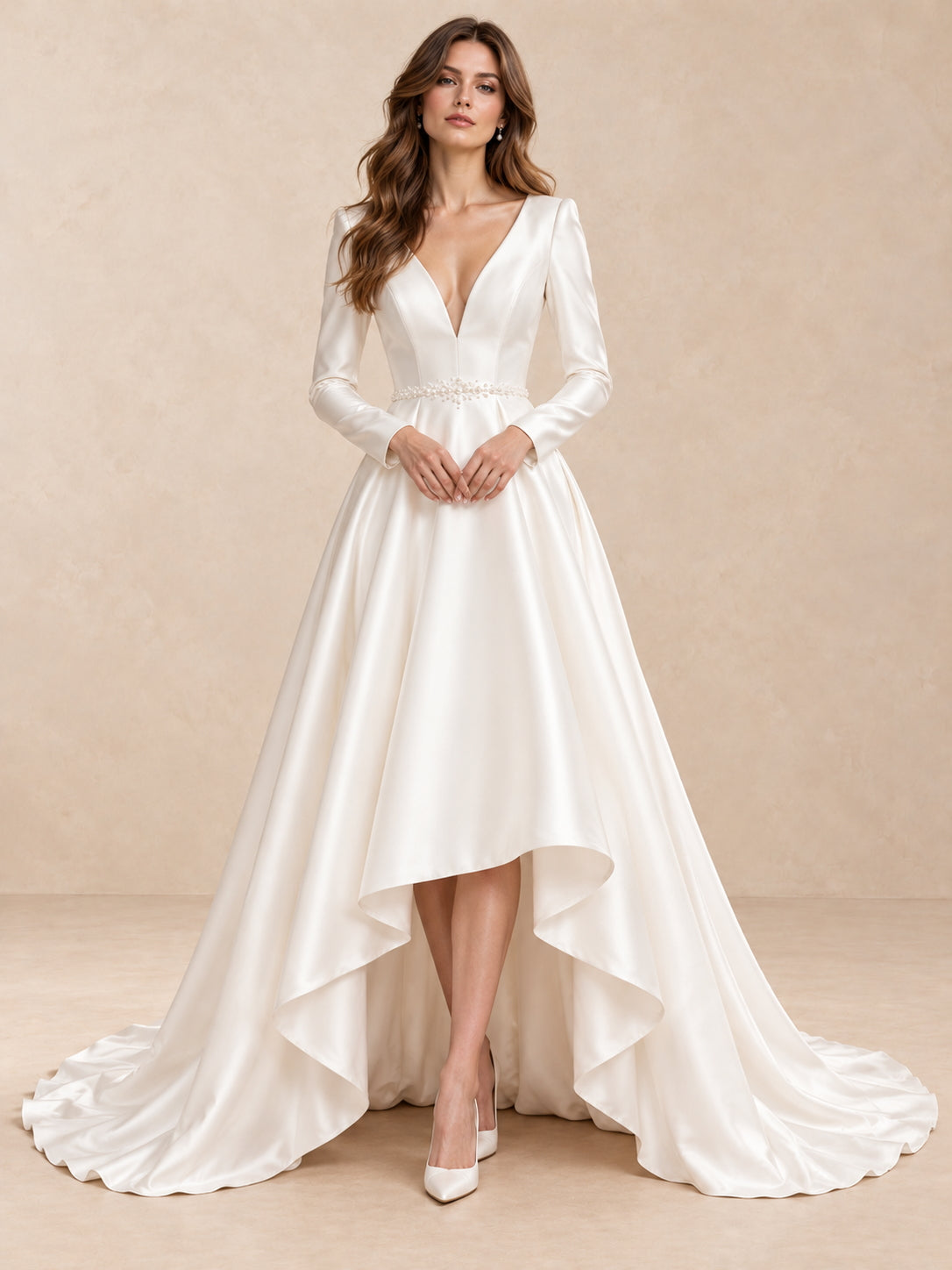 Modern Satin Long Sleeves High-Low A-Line Wedding Dress
