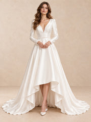 Modern Satin Long Sleeves High-Low A-Line Wedding Dress