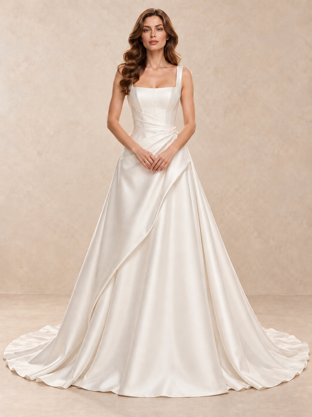 Modern Square Neck Satin A-Line Wedding Dress with Sweep Train