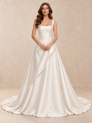 Modern Square Neck Satin A-Line Wedding Dress with Sweep Train