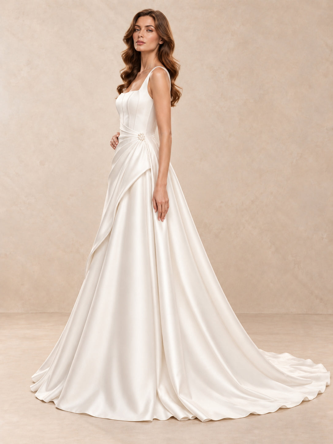 Modern Square Neck Satin A-Line Wedding Dress with Sweep Train
