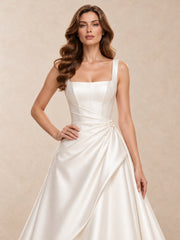 Modern Square Neck Satin A-Line Wedding Dress with Sweep Train