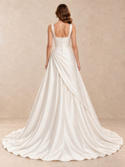 Modern Square Neck Satin A-Line Wedding Dress with Sweep Train