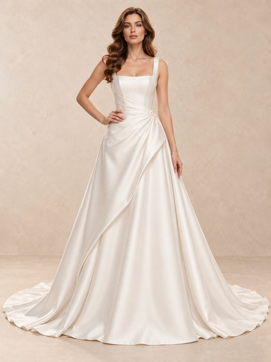 Modern Square Neck Satin A-Line Wedding Dress with Sweep Train