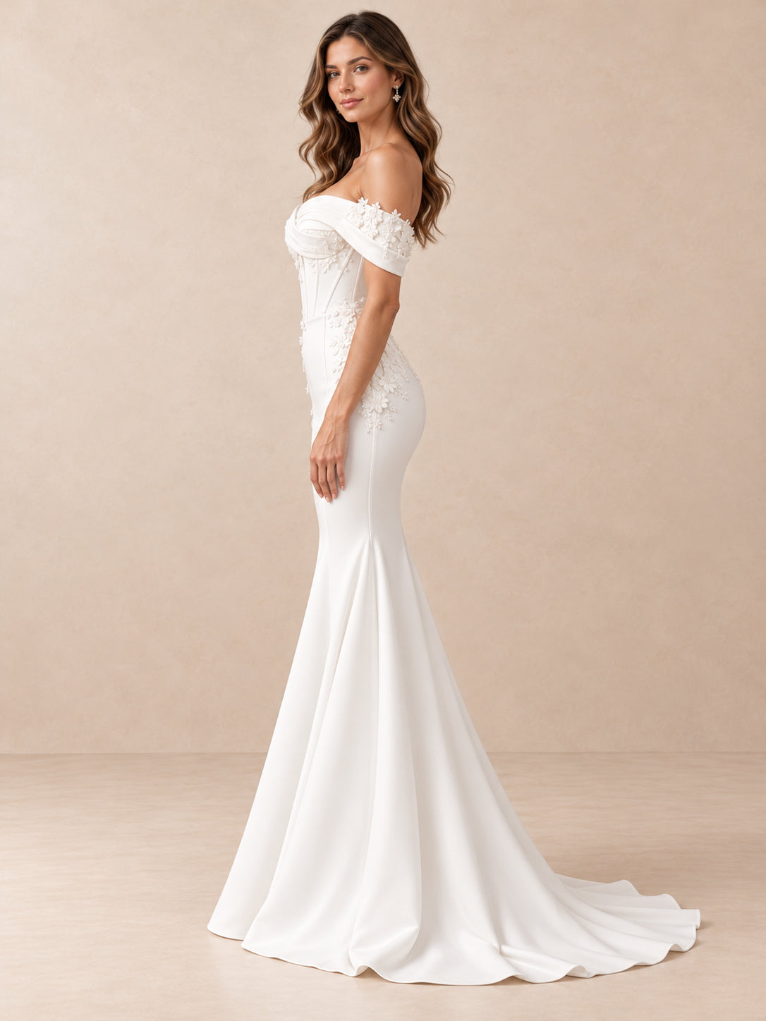 Off-Shoulder Floral Appliqué Mermaid Wedding Dress with Corset Bodice