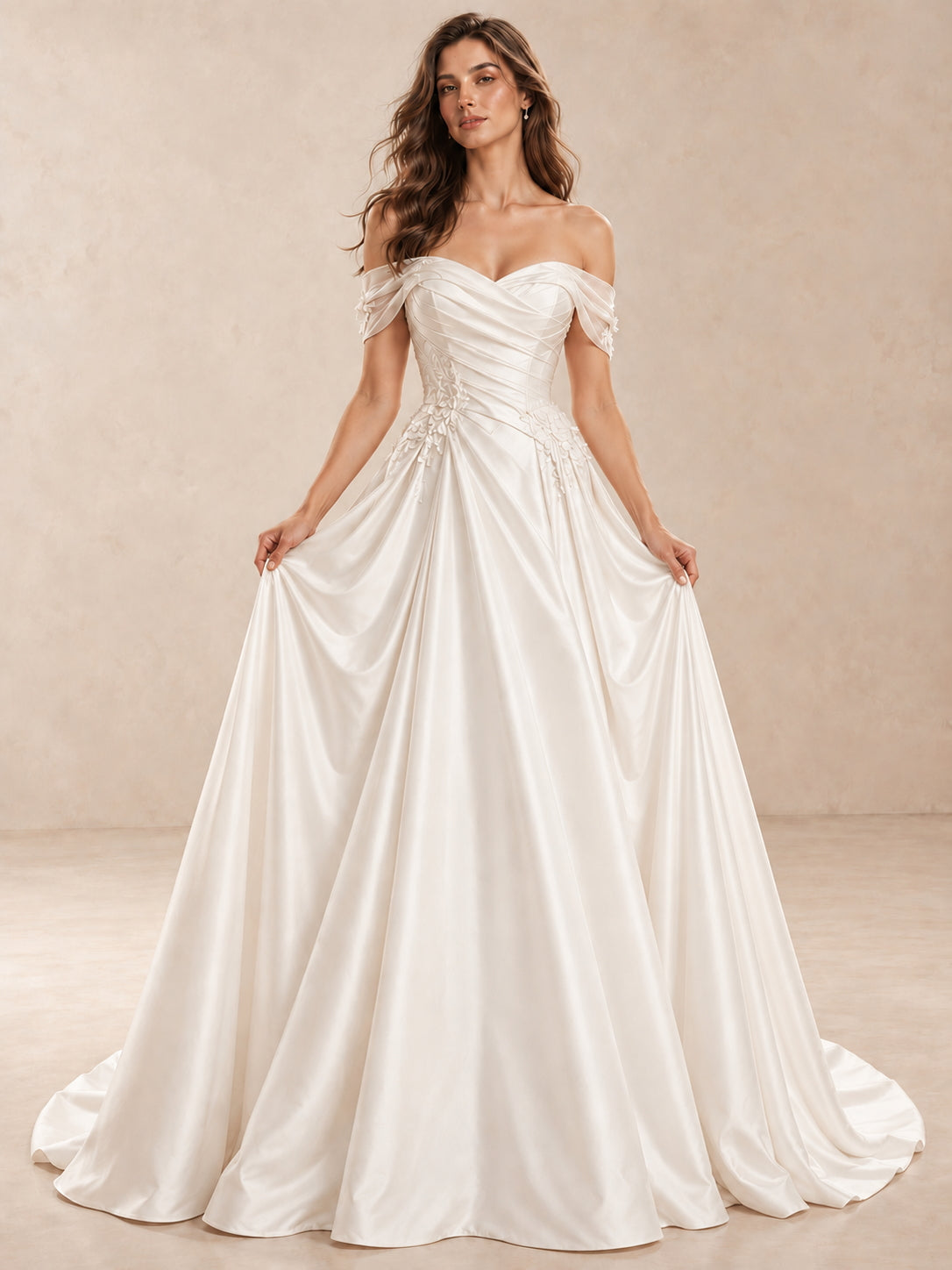 Off-Shoulder Satin Floral Lace Appliqués Wedding Dress With Chapel Train