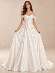Off-Shoulder Satin Floral Lace Appliqués Wedding Dress With Chapel Train
