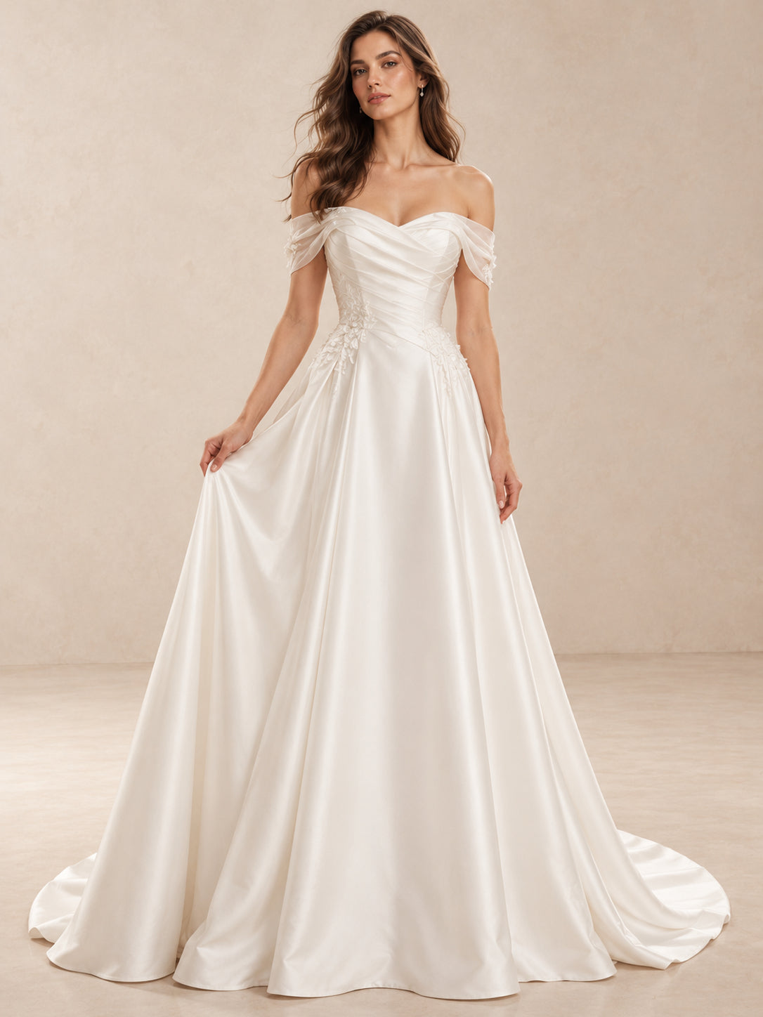 Off-Shoulder Satin Floral Lace Appliqués Wedding Dress With Chapel Train
