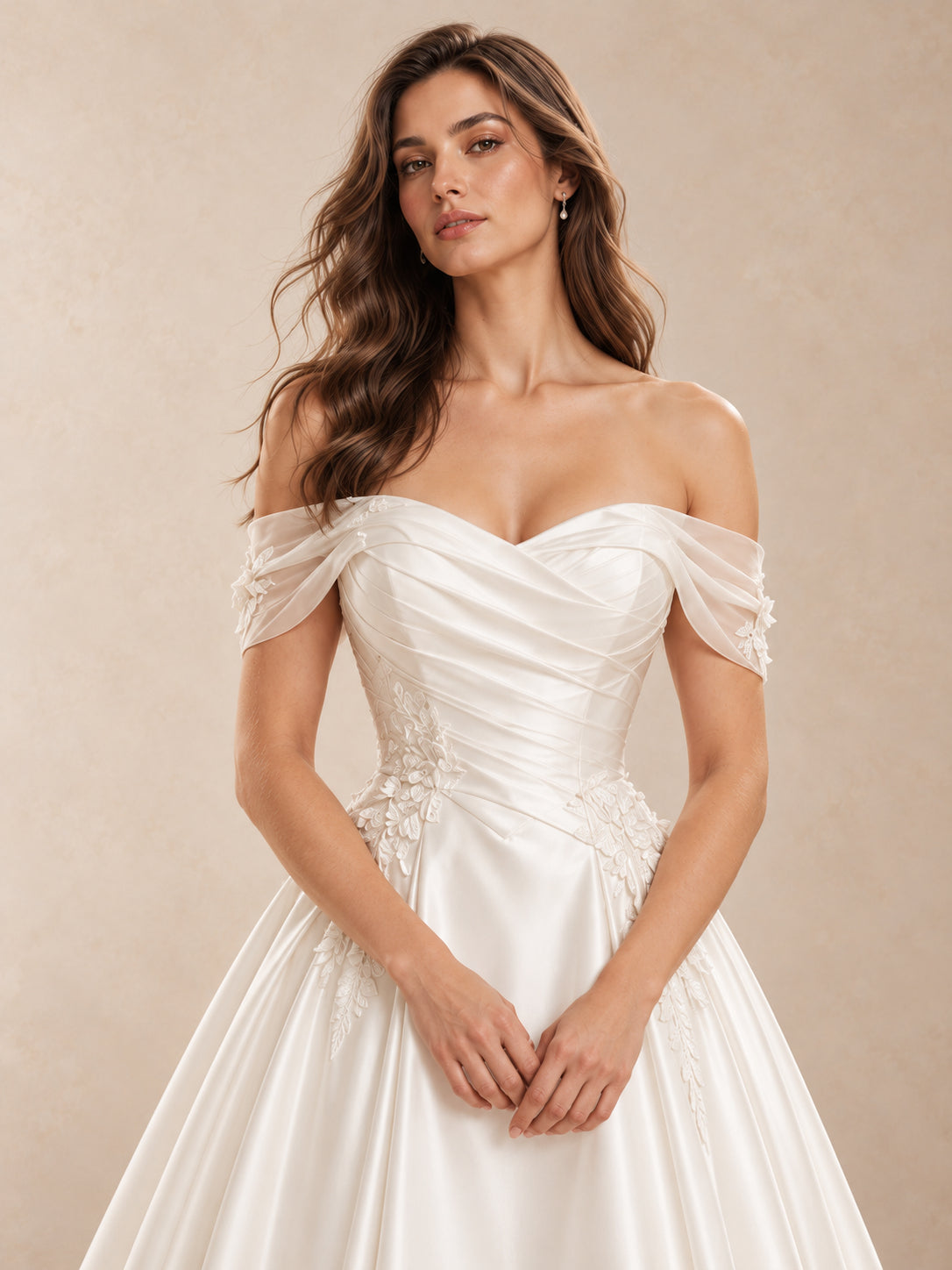 Off-Shoulder Satin Floral Lace Appliqués Wedding Dress With Chapel Train