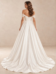 Off-Shoulder Satin Floral Lace Appliqués Wedding Dress With Chapel Train