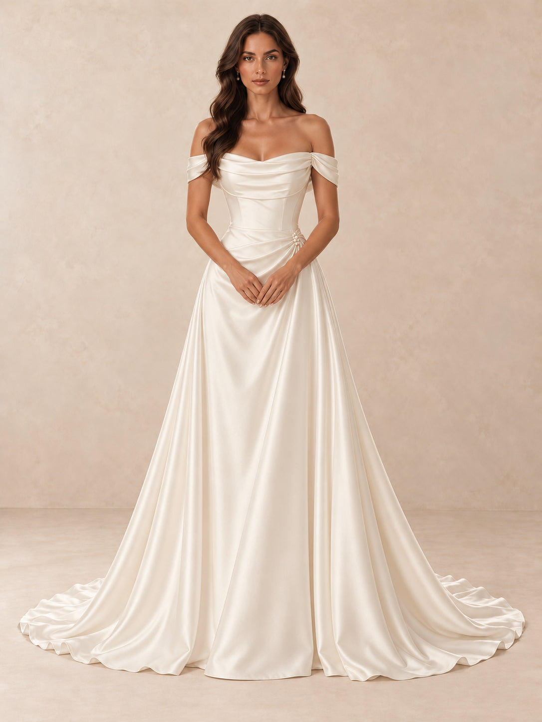 Off-the-Shoulder A-Line Satin Wedding Dress with Pearl Detail