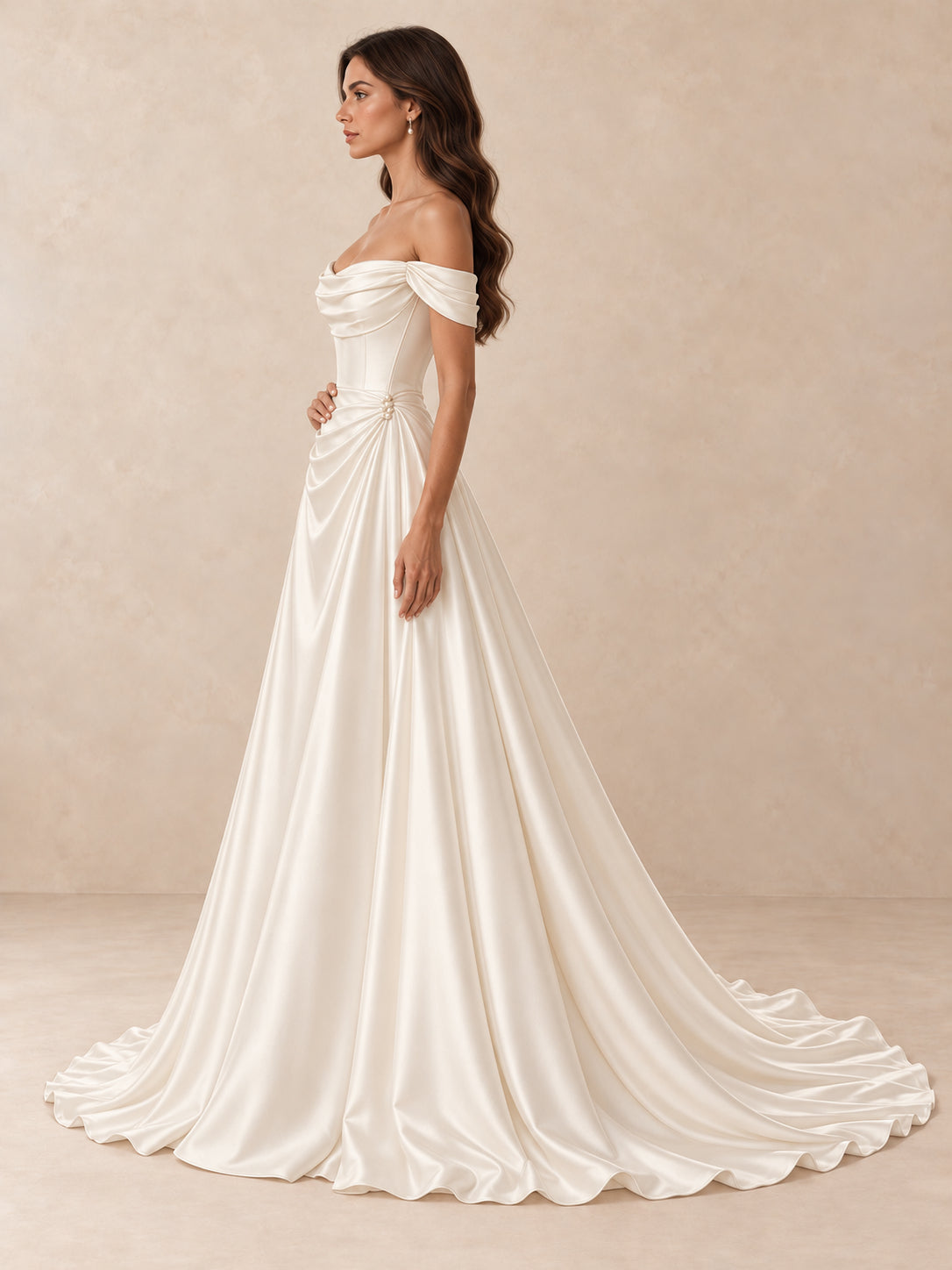 Off-the-Shoulder A-Line Satin Wedding Dress with Pearl Detail