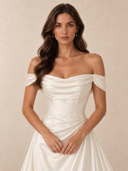 Off-the-Shoulder A-Line Satin Wedding Dress with Pearl Detail
