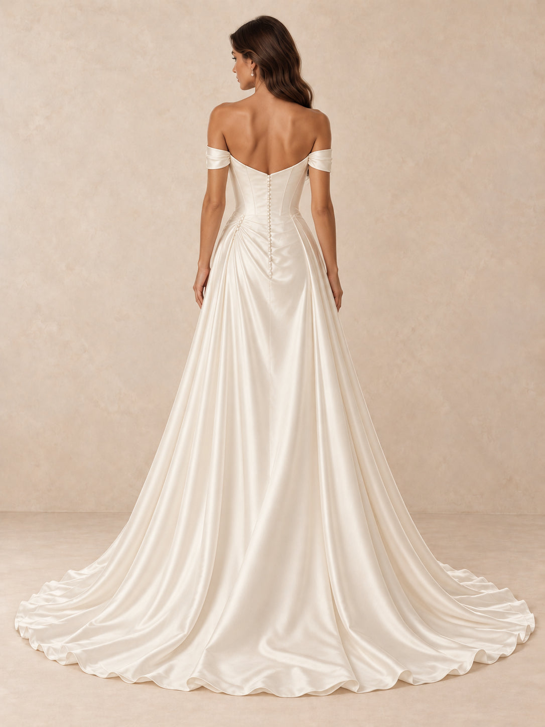 Off-the-Shoulder A-Line Satin Wedding Dress with Pearl Detail