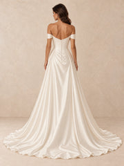 Off-the-Shoulder A-Line Satin Wedding Dress with Pearl Detail