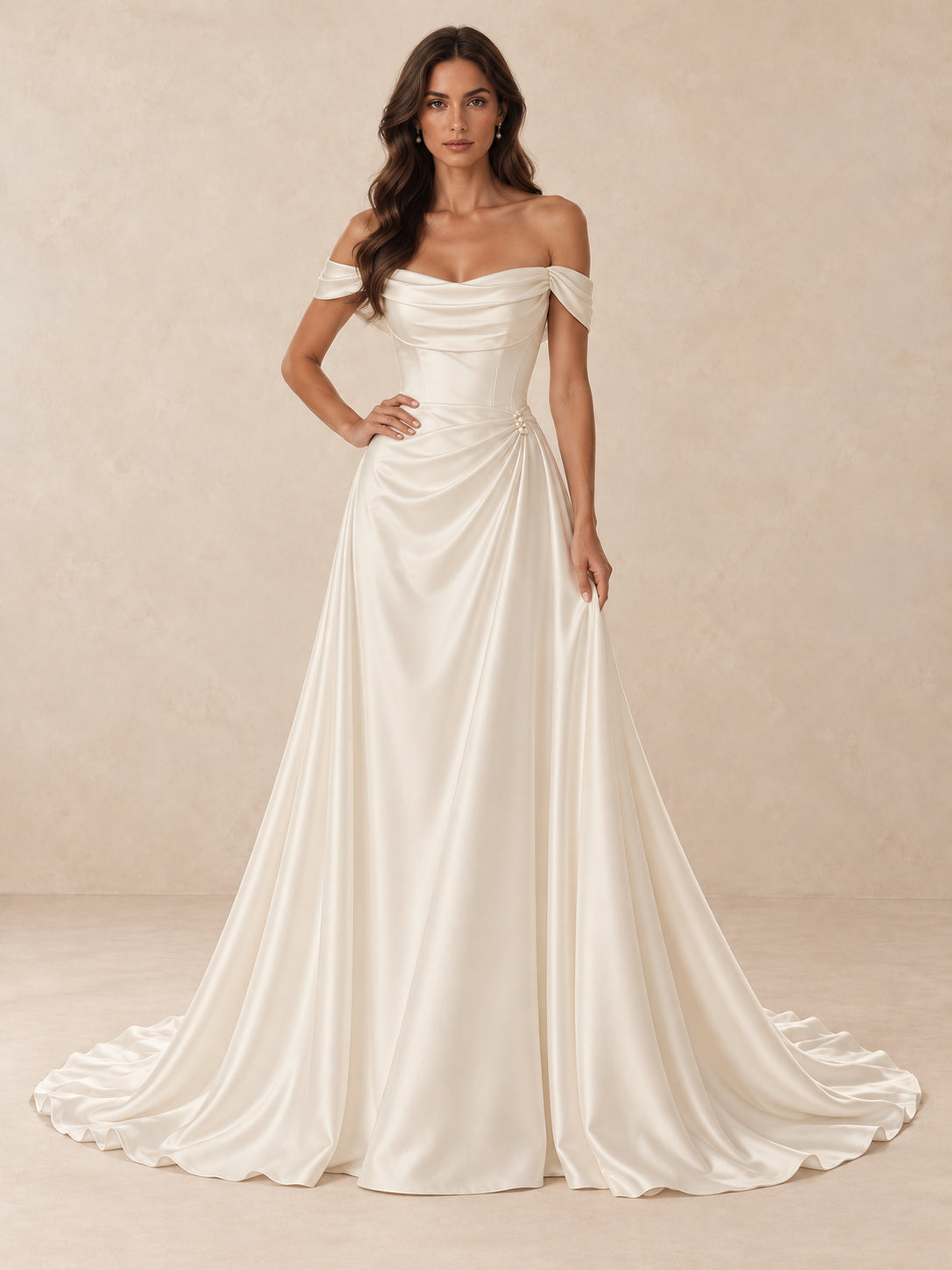 Off-the-Shoulder A-Line Satin Wedding Dress with Pearl Detail