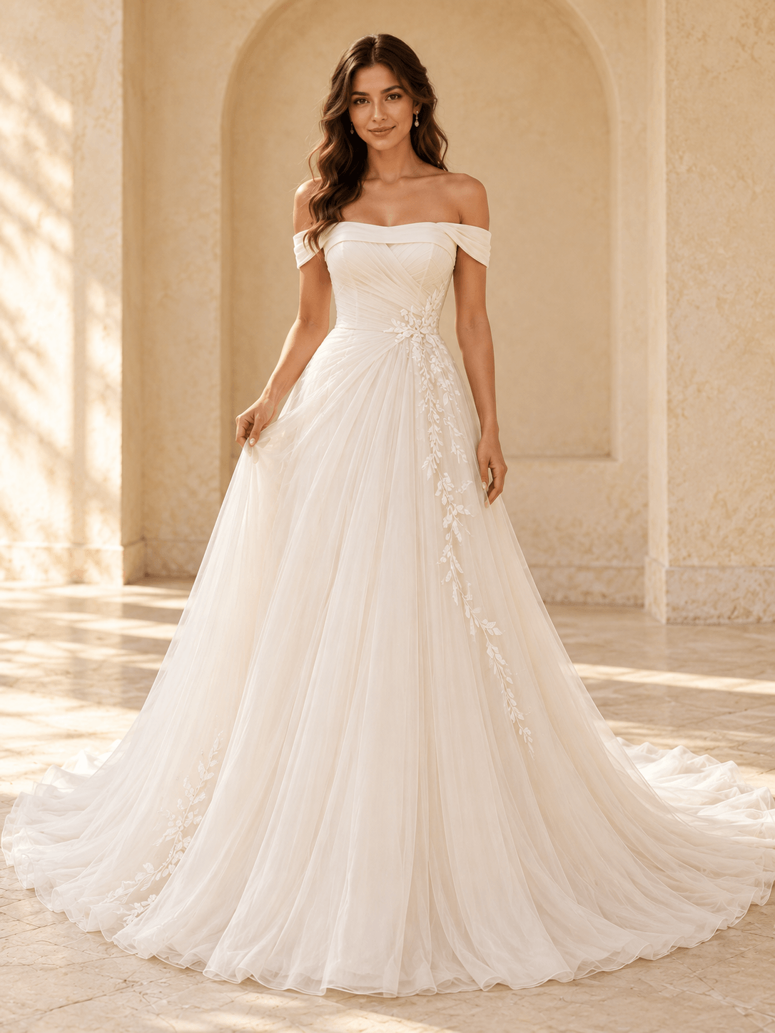 Off-the-Shoulder A-Line Tulle Wedding Dress with Pleated Bodice & Lace Appliqués