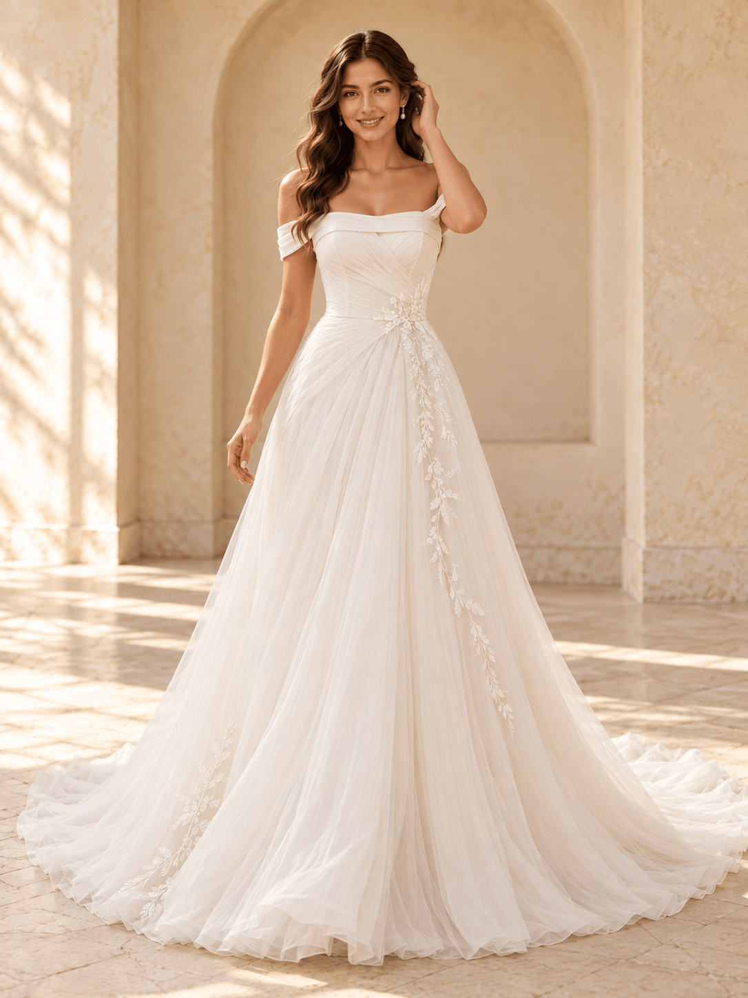Off-the-Shoulder A-Line Tulle Wedding Dress with Pleated Bodice & Lace Appliqués