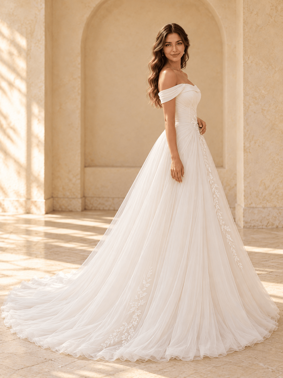 Off-the-Shoulder A-Line Tulle Wedding Dress with Pleated Bodice & Lace Appliqués