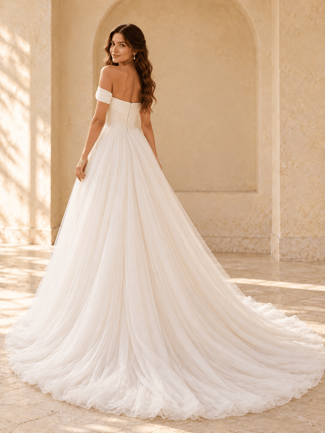 Off-the-Shoulder A-Line Tulle Wedding Dress with Pleated Bodice & Lace Appliqués